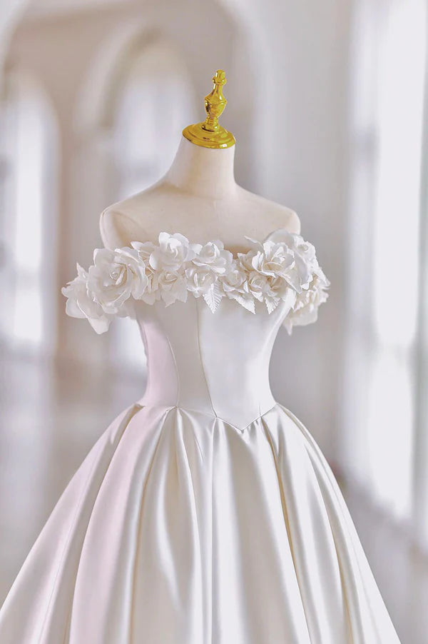 Wholesale White Satin Long A-Line Ball Gown Off the Shoulder Wedding Gown